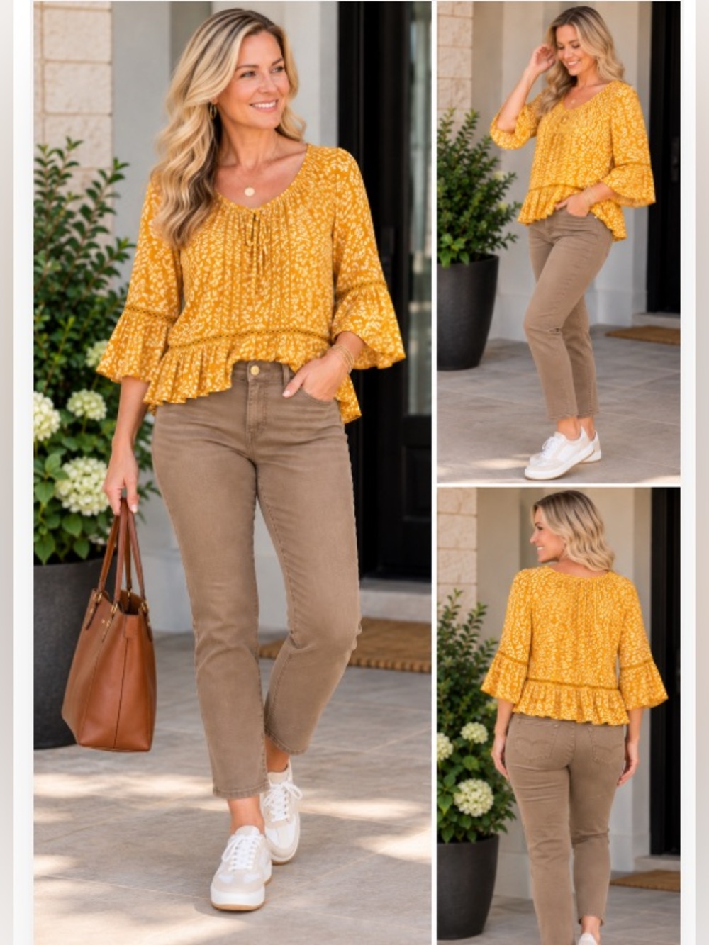 Democracy M Mustard Floral Ruffle Bell Sleeve Boho Blouse